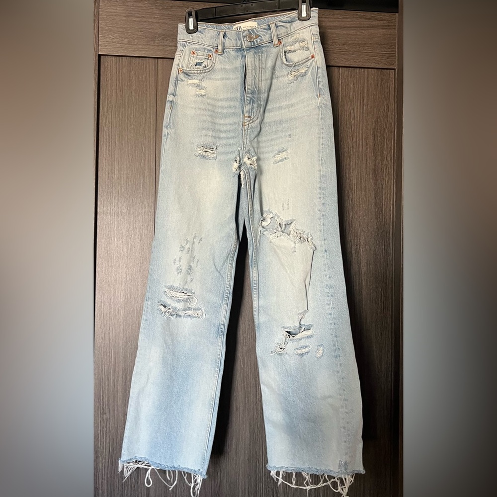ZARA Womens 90s Full Length Distressed Raw Hem Jeans High Rise Light Wash Size 2